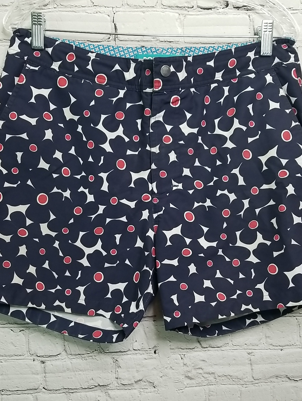 BONOBOS Swim Trunks Red White Blue Medium Lined Zip Front EUC